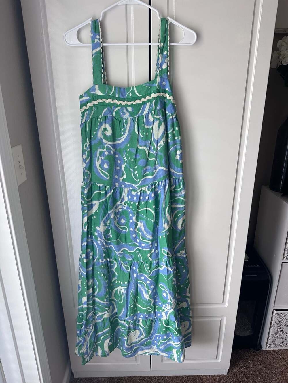 Lalavon Maxi Dress Size M Green Blue Abstract Pattern Tiered Summer